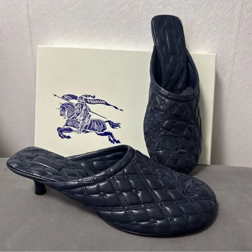 Authentic Burberry Blue Quilted Embroidered Sip on Blue Mule Shoes(Size 37)
